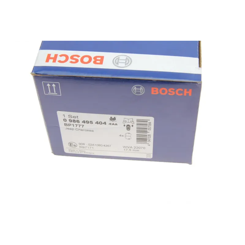 Колодки гальмівні передні BOSCH 0 986 495 404 для Jeep Cherokee KL 2013-, 167x62.2x17.5 мм