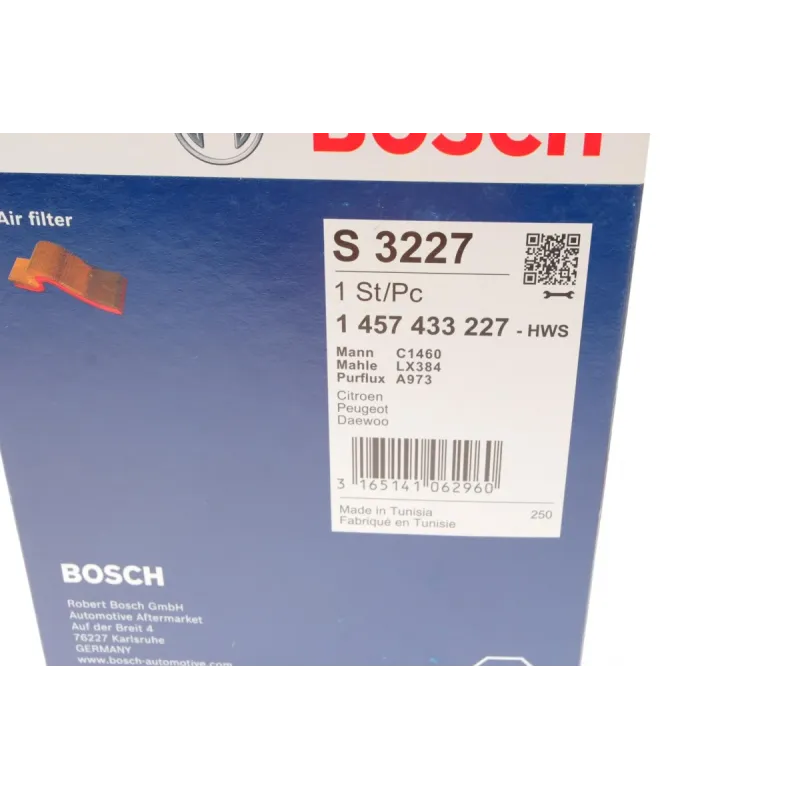 Фільтр повітряний BOSCH 1 457 433 227 для Citroen Berlingo, Peugeot Partner 1.1i 1996-, 166x128.5 мм