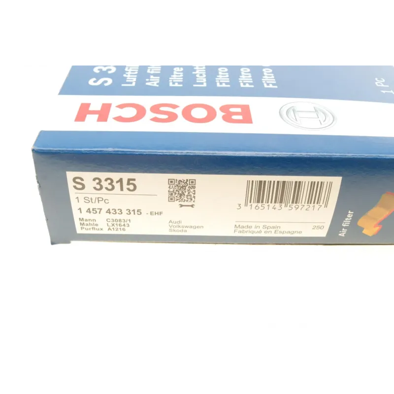 Фільтр повітряний BOSCH 1 457 433 315 для Volkswagen Golf V 1.6 FSI 2003-2008, 300x155x42 мм