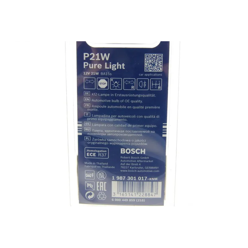 Автолампа розжарювання BOSCH P21W 12V 21W BA15s Pure Light (к-кт 2шт) 1 987 301 017