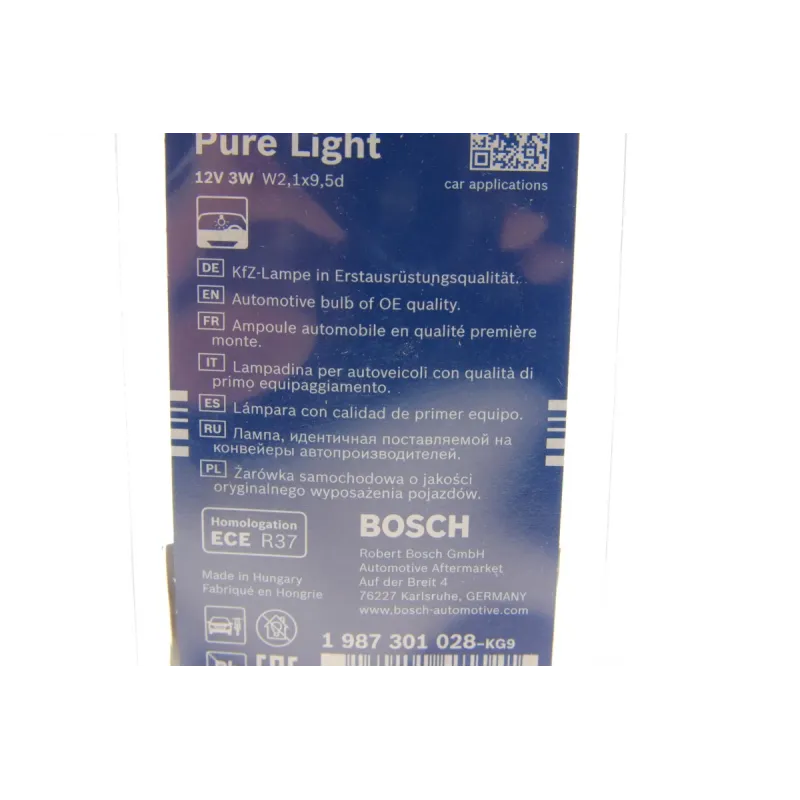 Автолампа BOSCH 1 987 301 028 W3W 12V 3W W2.1x9.5d Pure Light (2 шт.) для Audi A4, BMW, Chevrolet Camaro