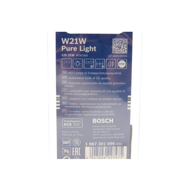 Автолампа BOSCH W21W 12V 21W W3x16d Pure Light (2 шт.) 1 987 301 096 для Audi A1, A3