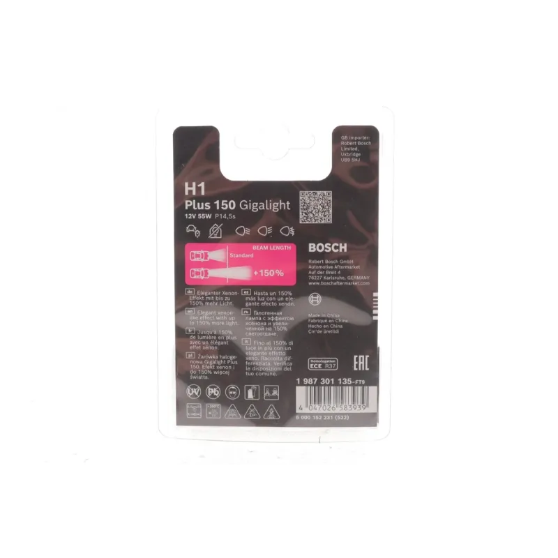 Автолампа BOSCH H1 12V 55W P14.5s Plus 150 Gigalight 1 987 301 135 для Alfa Romeo 147, 155, Fiat 500