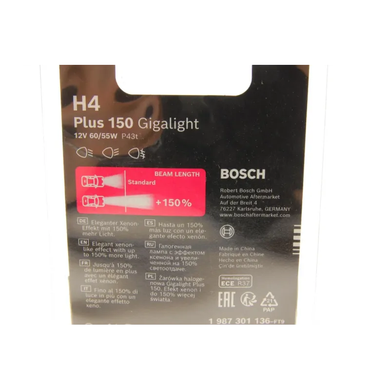 Автолампа BOSCH H4 12V 60/55W P43t Gigalight +150% 3450K 1 987 301 136 для Alfa Romeo 164, 33