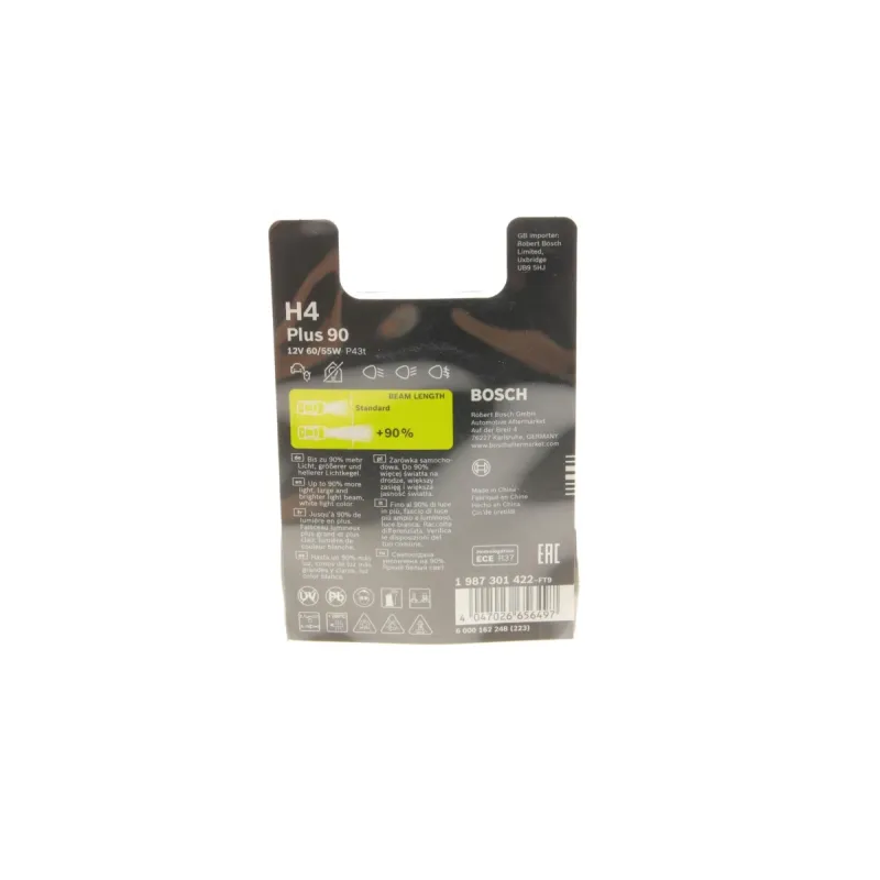 Автолампа BOSCH H4 12V 60/55W P43t Plus 90% (2 шт) 1 987 301 422