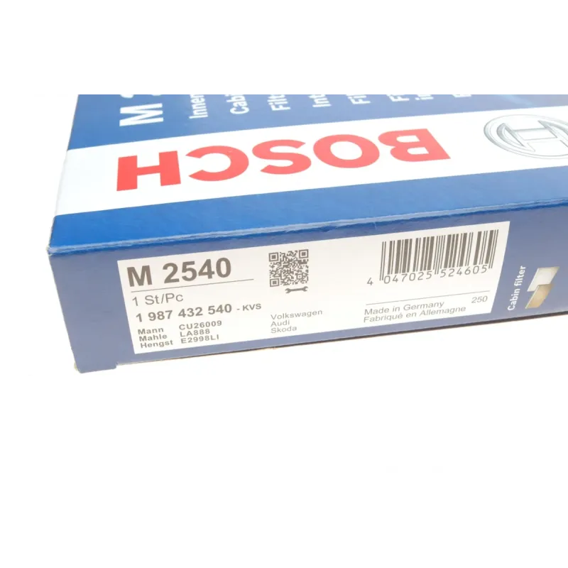 Фільтр салону BOSCH 1 987 432 540 для Audi A3, VW Passat, Skoda Octavia, 253.5x235x32 мм