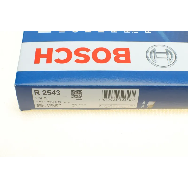 Фільтр салону вугільний BOSCH 1 987 432 543 для Volkswagen Golf 1.2-1.4 TSI/1.6-2.0 TDI 2012-, 254x233x31 мм