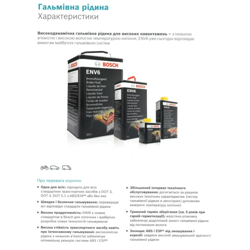 Рідина гальмівна BOSCH DOT3/DOT4/DOT5.1 (1L) 1 987 479 207 для Audi A4, BMW 7, Dacia Logan, 271°C
