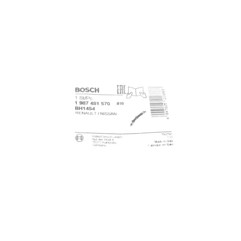 Шланг гальмівний задній BOSCH 1 987 481 570 для Nissan Qashqai J10 2006-2014, X-Trail T31 2007-2013