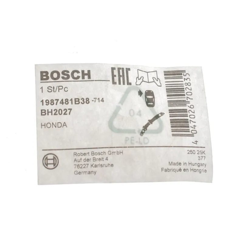 Шланг гальмівний передній BOSCH 1 987 481 B38 для Honda Civic X 1.0/1.5/1.6D 2017- (L=565mm, Ø10.2mm, M10x1)