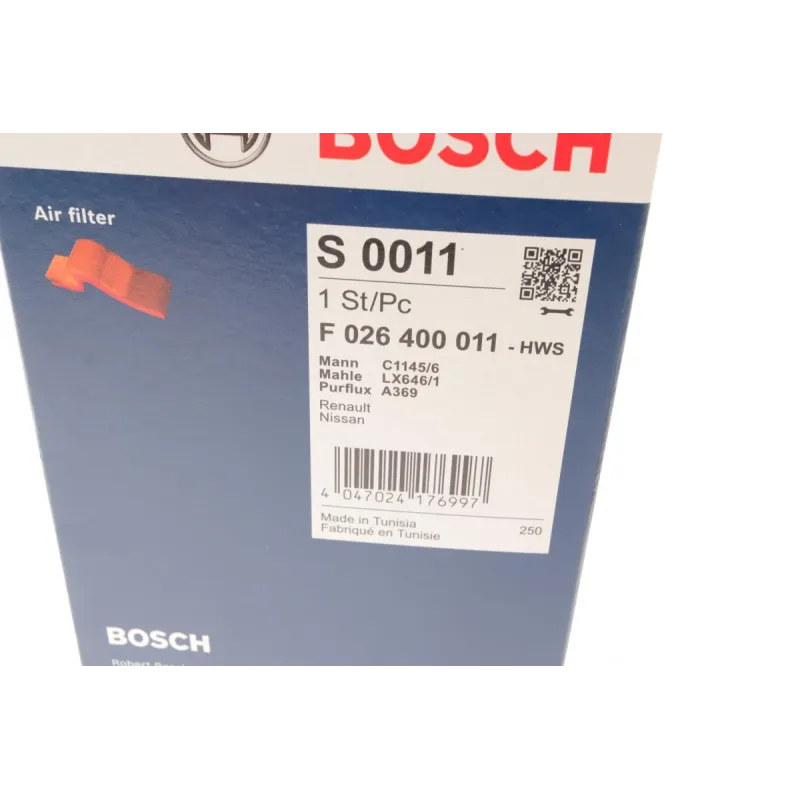 Фільтр повітряний BOSCH F 026 400 011 для Renault Kangoo/Clio 1.2i 97-, 107x179 мм