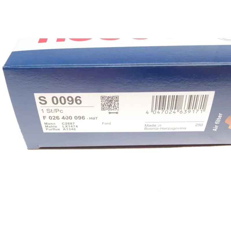 Фільтр повітряний BOSCH F 026 400 096 для Ford Ka 1.3i 2002-2008, 1.6i 2003-2008, 257x222x38.3 мм