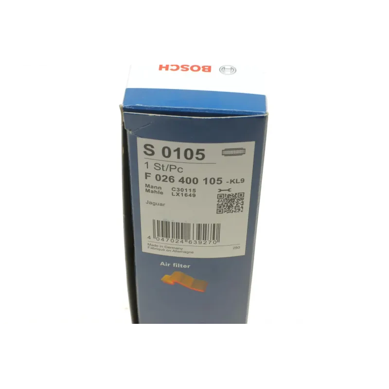 Фільтр повітряний BOSCH F 026 400 105 для Jaguar S-Type/XF/XJ 2.0-5.0 1999-2015, 294x171x50.3 мм