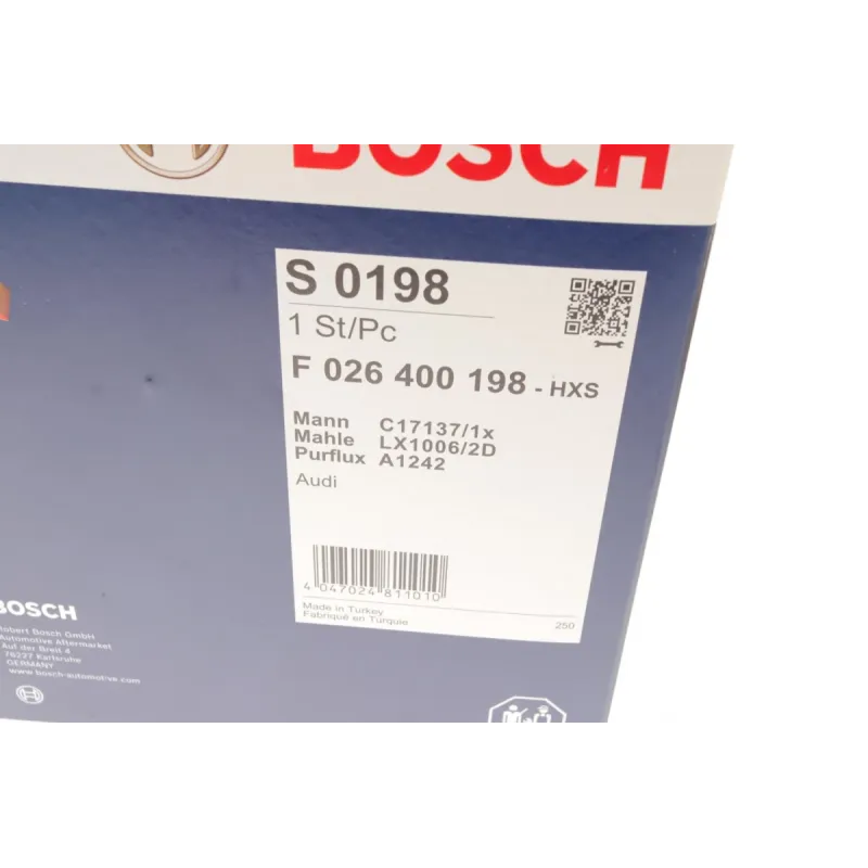 Фільтр повітряний BOSCH F 026 400 198 для Audi A6 C6 2.4-4.2 2004-2011, 191.6x166 мм