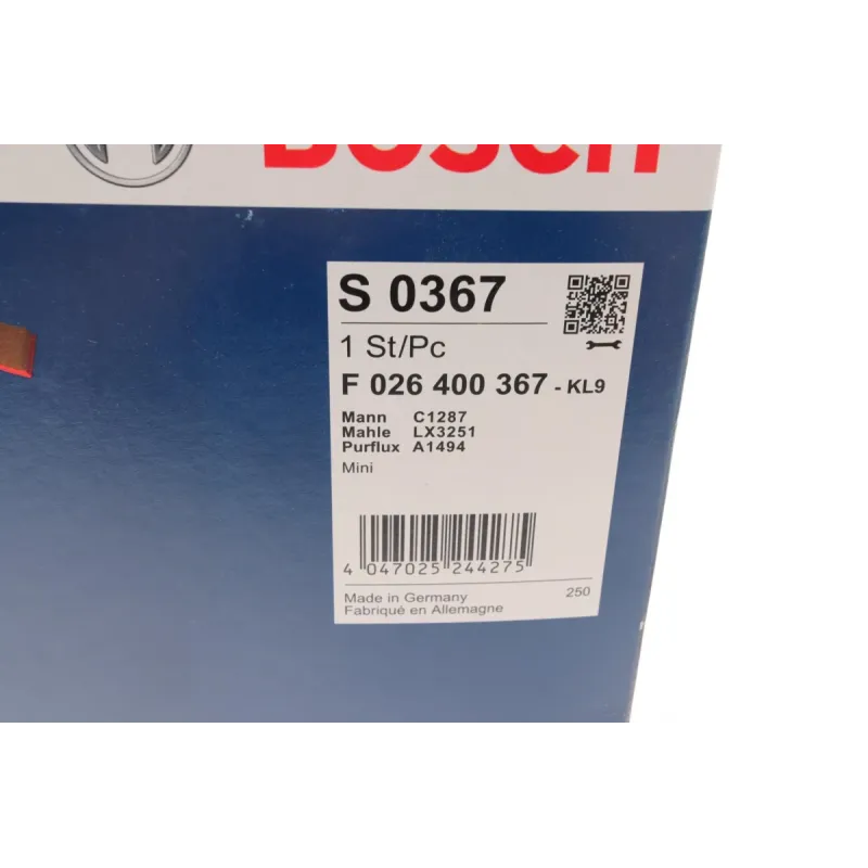 Фільтр повітряний BOSCH F 026 400 367 для Mini Cooper R56/R55/R60 1.6/2.0D 2010- 234.5x122 мм