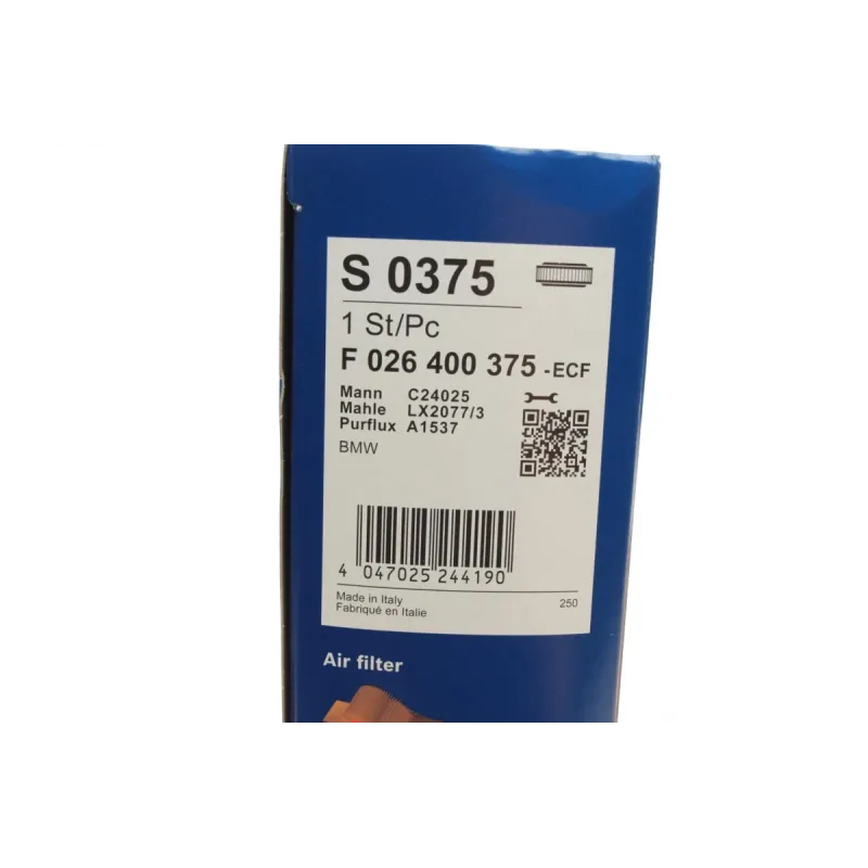Фільтр повітряний BOSCH F 026 400 375 для BMW 3 (F30/F80) 2011-, 228x204.5x42.3 мм