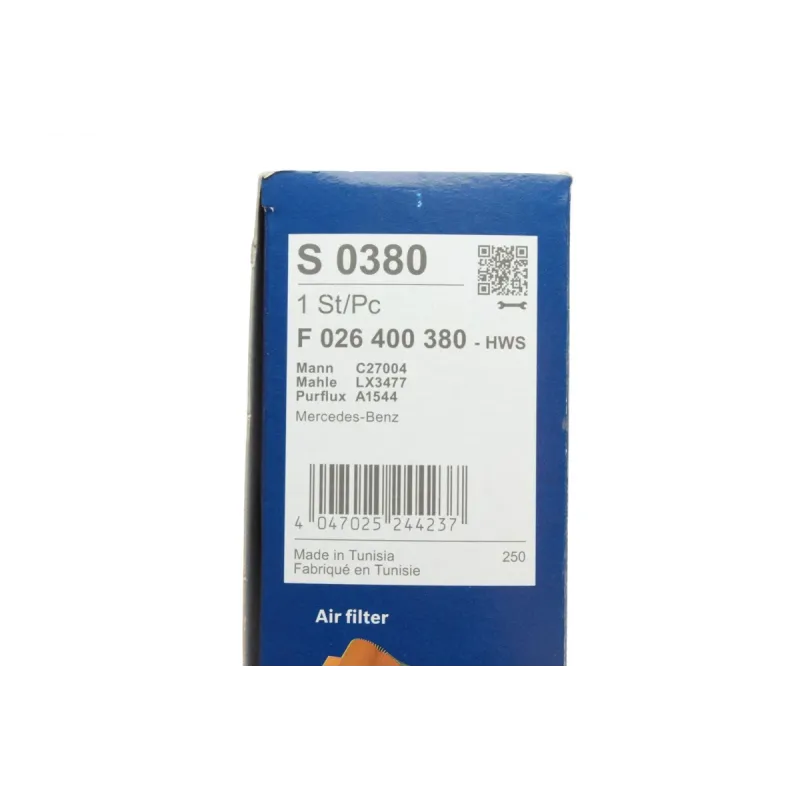 Фільтр повітряний BOSCH F 026 400 380 для Mercedes-Benz A-Class W176, B-Class W246 2011-, 262x176x58.5 мм