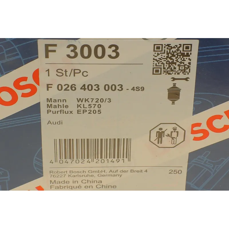Фільтр паливний BOSCH F 026 403 003 магістральний для Audi A4 1.8T 2002-2004, A6 2.4-4.2 2004-2008, діаметр 74.4 мм