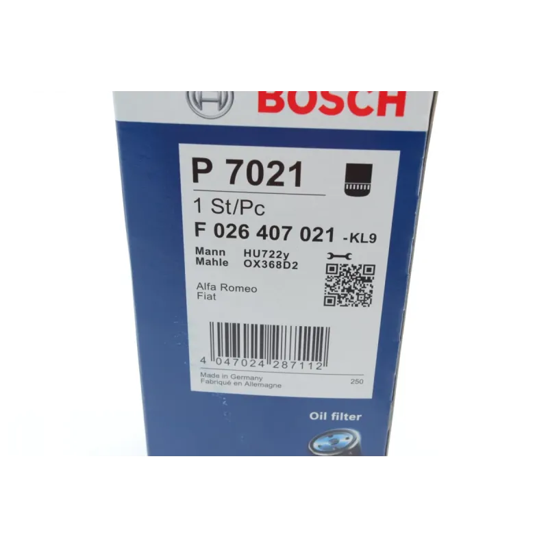 Фільтр масляний BOSCH F 026 407 021 для Fiat Croma 2.4D Multijet, Alfa Romeo 159 2.4JTDM, 64x155 мм
