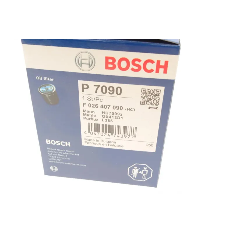 Фільтр масляний BOSCH F 026 407 090 для Toyota Auris, Avensis, Corolla 2.0/2.2D/D-4D 2005-, 70x82x29 мм
