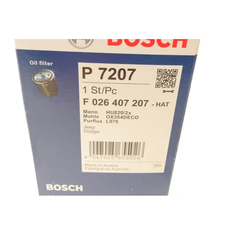 Фільтр масляний BOSCH F 026 407 207 для Jeep Cherokee KK, Dodge Nitro 2.8 CRD, 72x143 мм