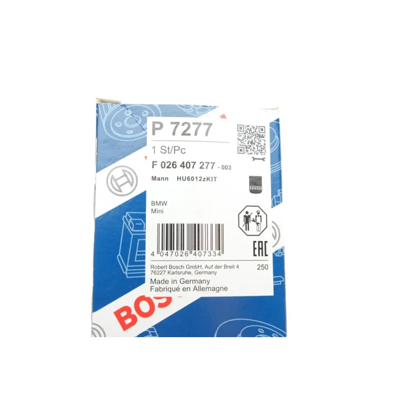 Фільтр масляний BOSCH F 026 407 277 для BMW X1 (F48) / 1 (F40) / 2 (F45/F46) 1.5-2.0 2014-, 53x55x116 мм