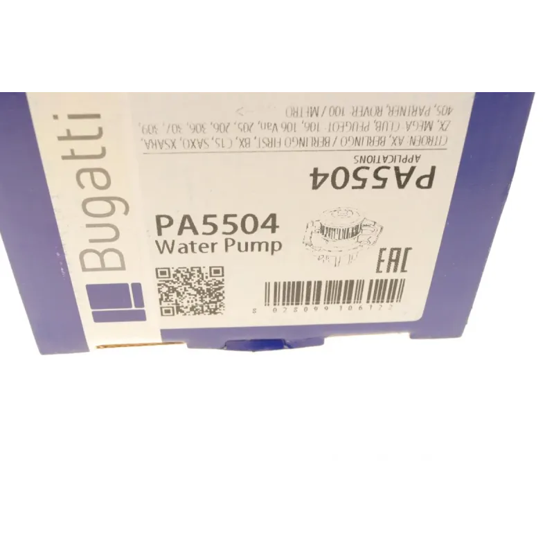 Помпа води BUGATTI PA5504 для Citroen Berlingo, Peugeot Partner 1.1/1.4i 86-, Ø 59.258 мм, 6 лопатей