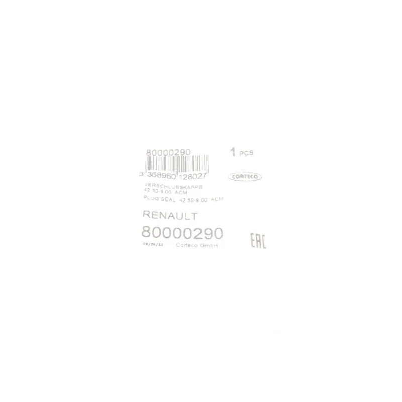 Заглушка ГБЦ CORTECO 80000290 для Renault Master, Opel Movano, Nissan Interstar 43x9 мм