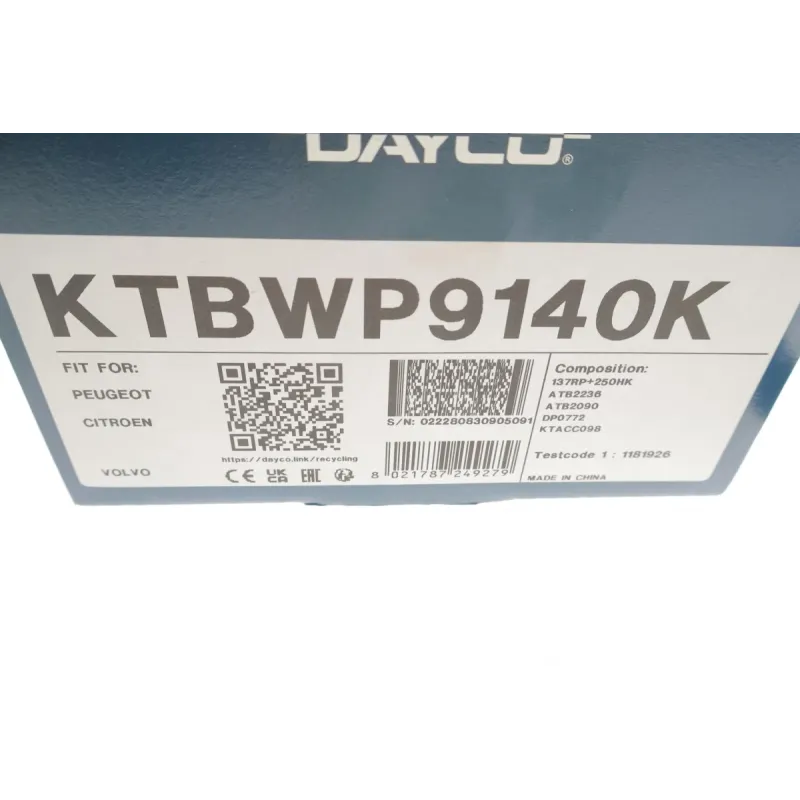 Комплект ГРМ з помпою DAYCO KTBWP9140K для Citroen Berlingo, Peugeot Partner 1.6HDI (z=137)