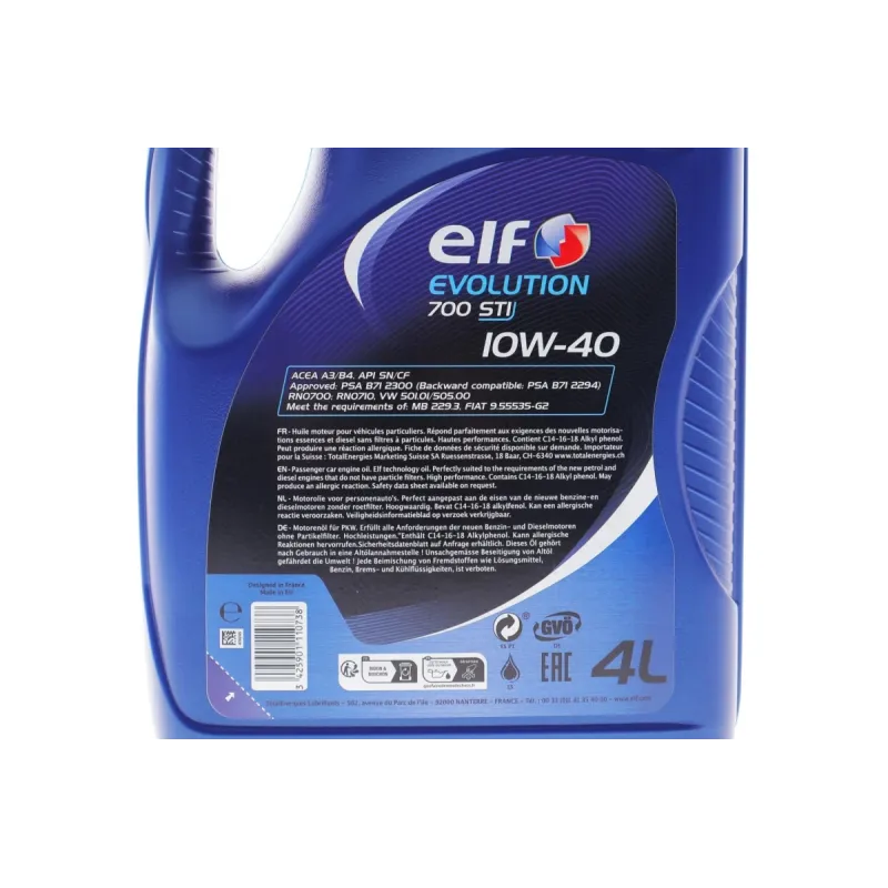 Моторна олива ELF Evolution 700 STI 10W-40 4л (214120) ACEA A3/B4, API SN/CF, VW 501.01/505.00, MB 229.1