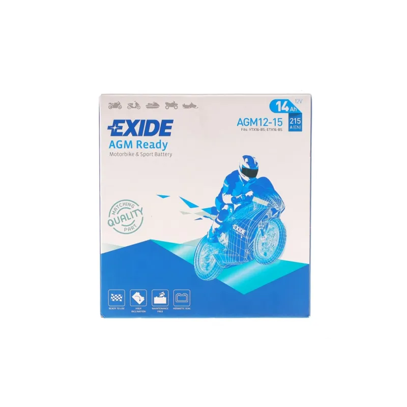 Акумулятор AGM EXIDE AGM12-15 14Ah/215A для BMW K 1600 GT/GTL, R 1200 RT, Honda XL 1000 V Varadero, Kawasaki VN 1500 Classic (150x90x160)