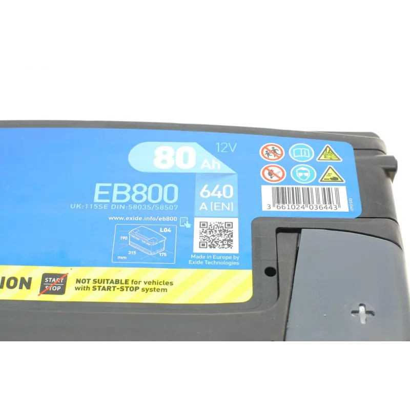 Акумулятор EXIDE EB800 80Ah 640A 12V 315x175x190 B13 для Audi A3, A4, Alfa Romeo Spider