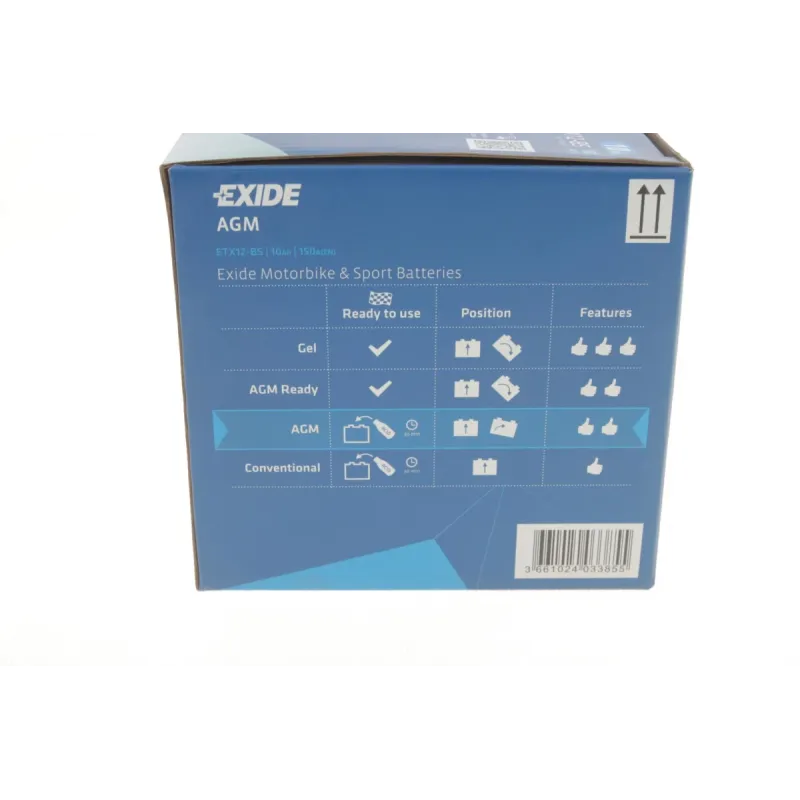 Акумулятор AGM EXIDE ETX12-BS 10Ah 150A (150x87x130/+L/B0) для мотоциклів