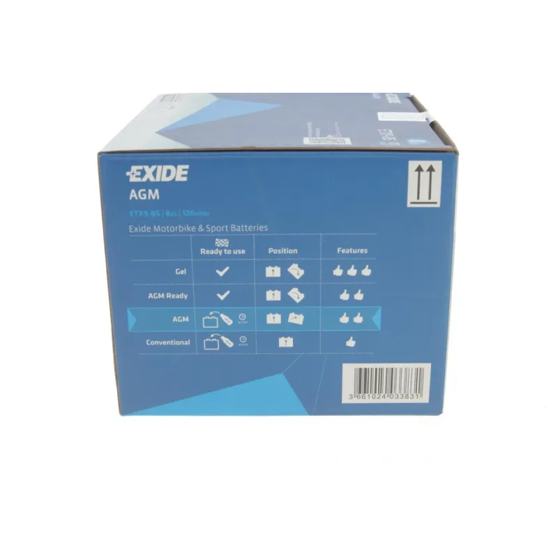 Акумулятор AGM EXIDE ETX9-BS 8Ah 120A (150x87x105) для мотоциклів