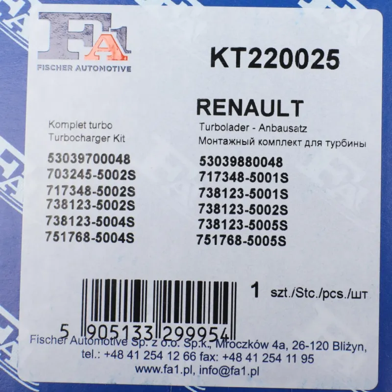 Комплект прокладок турбіни FA1 KT220025 для Renault Trafic II, Master II, Nissan Primastar 1.9 dCi