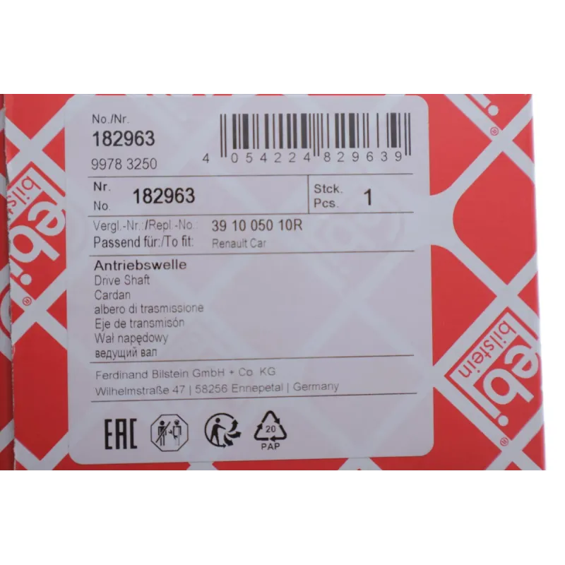 Піввісь права FEBI BILSTEIN 182963 для Opel Vivaro B, Renault Trafic III 1.6 CDTI (29x39x1016 мм)