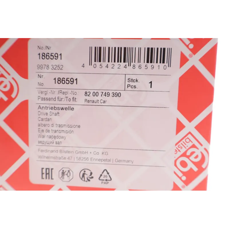 Піввісь права FEBI BILSTEIN 186591 для Renault Clio II 1.2/1.5 dCi/1.9 D/2.0 16V (23x26x865мм, +ABS)