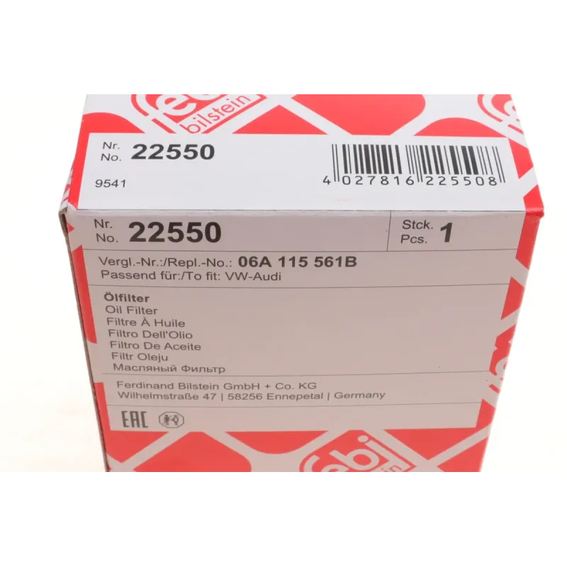 Фільтр масляний FEBI BILSTEIN 22550 для Volkswagen Caddy III, Golf, Passat, Skoda Octavia 1.6-2.0 1996-2015, зовнішній діаметр 79 мм