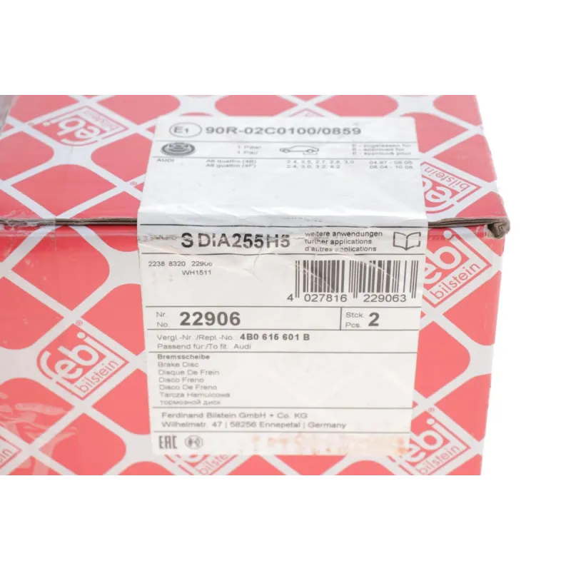 Диск гальмівний задній FEBI BILSTEIN 22906 для Audi A6 C5 1997-2005 (255x10 мм)