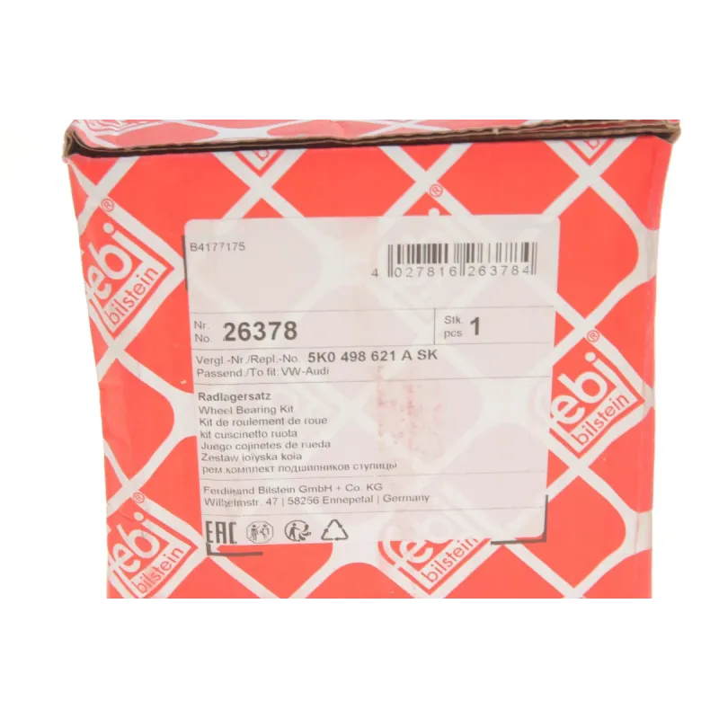 Підшипник маточини передній FEBI BILSTEIN 26378 для VW Caddy III 2003-2015, Audi A3 8P 2003-2012 (3 болти, ABS)