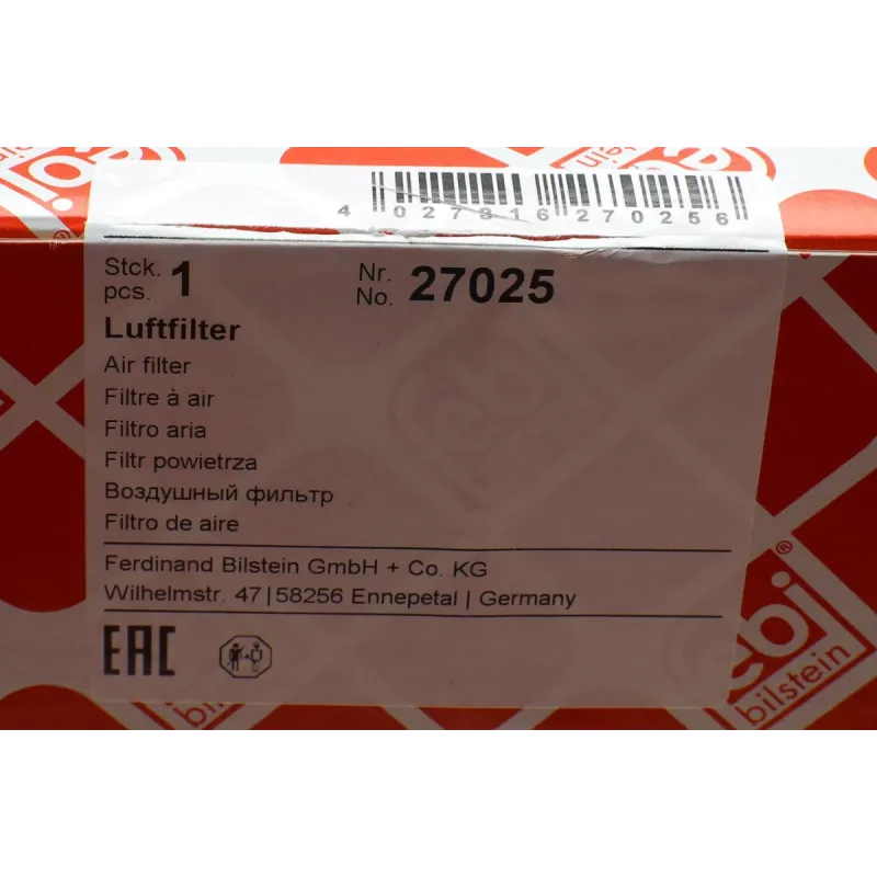 Фільтр повітряний FEBI BILSTEIN 27025 для BMW 3 (E46/E90), 5 (E39/E60) 2.5-3.0d 1999-2010, 498x150x94 мм