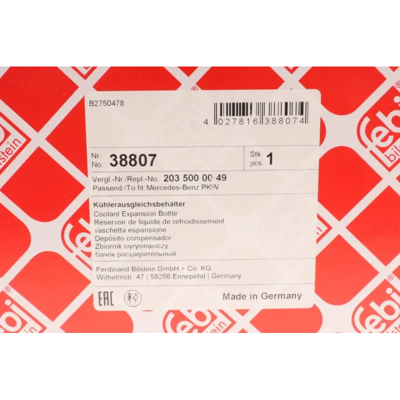 Бачок розширювальний FEBI BILSTEIN 38807 з датчиком для Mercedes-Benz C-Class W203/CL203/S203 2000-2011