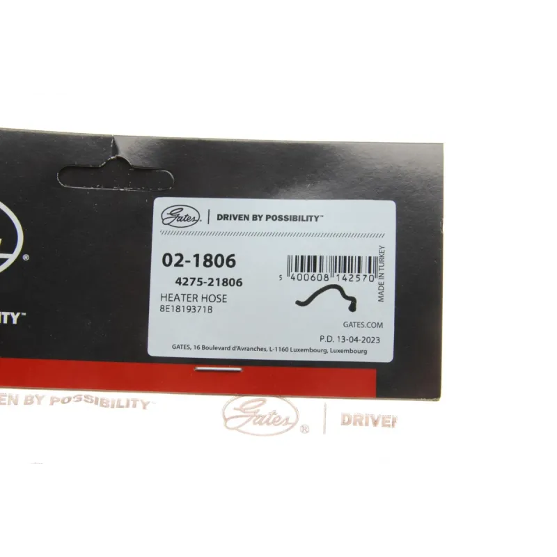 Патрубок радіатора пічки GATES 02-1806 нижній для Audi A4 B6/B7 1.8-2.0 2000-2008, 17/20 мм