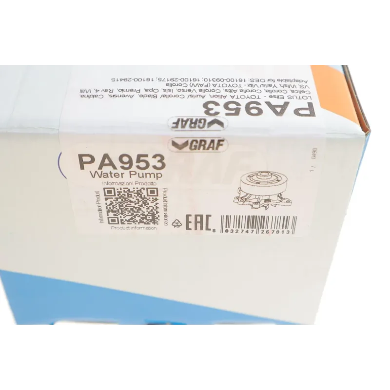 Помпа води GRAF PA953 для Toyota Avensis 1.6/1.8 2003-2008, Corolla 1.4-1.8 2002-2013, Rav4 1.8 2001-2005 (6 лопатей, Ø 90 мм)