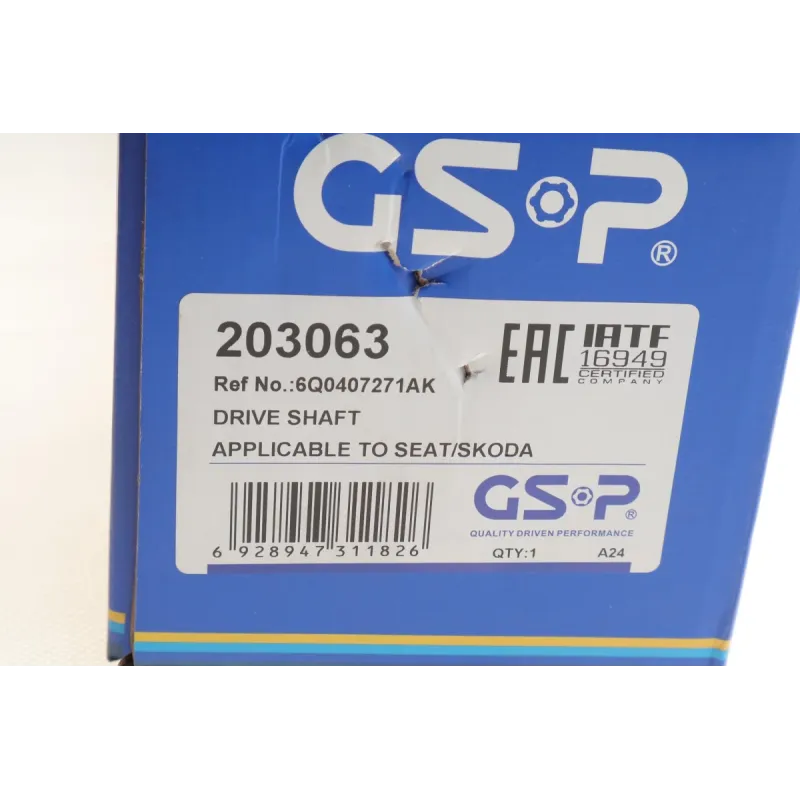 Піввісь передня GSP 203063 для Skoda Fabia, VW Polo, Seat Ibiza (36z/501mm)