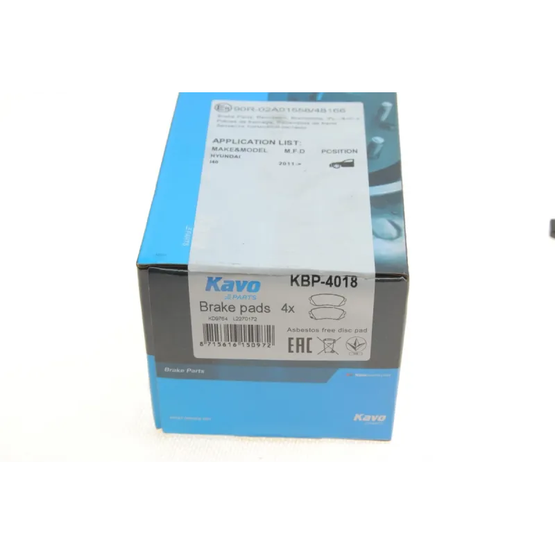 Колодки гальмівні передні KAVO PARTS KBP-4018 для Hyundai Tucson IX35 i40, Kia Sportage, 138x60.9x16.5 мм