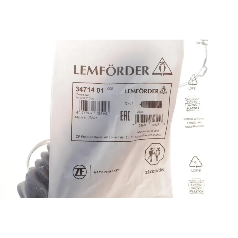 Пильник рейки рульової LEMFOERDER 34714 01 для Renault Koleos, Nissan Juke/Leaf, 14x168x50 мм