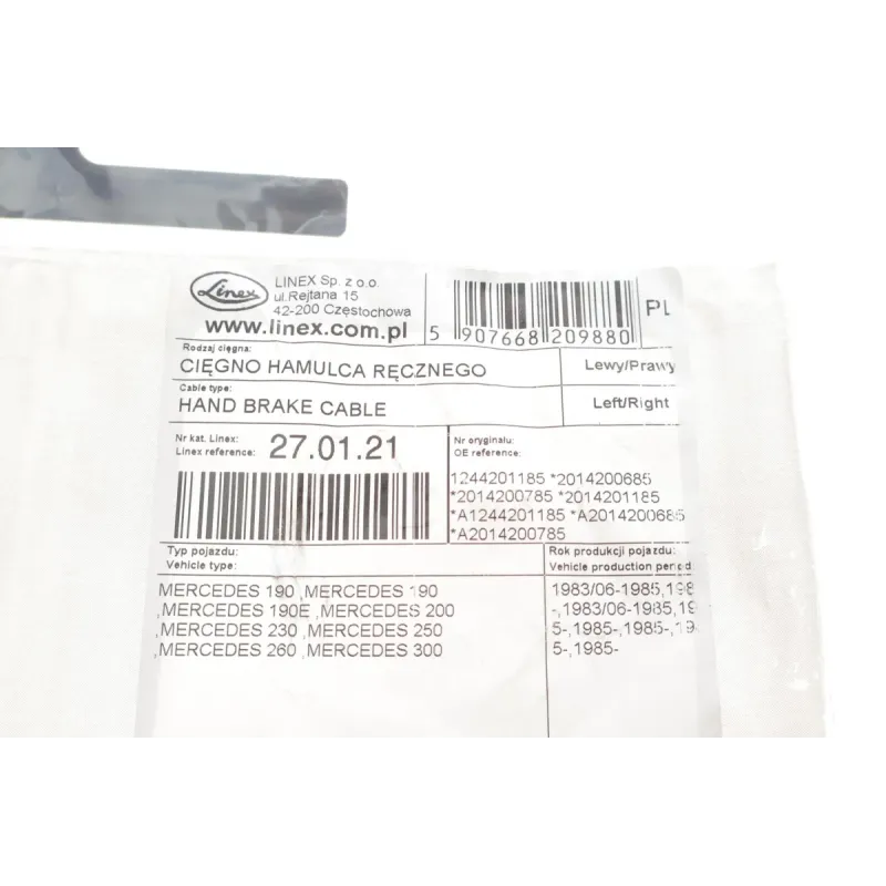Трос ручника лівий LINEX 27.01.21 для Mercedes-Benz 190 (W201) 1060/808 мм