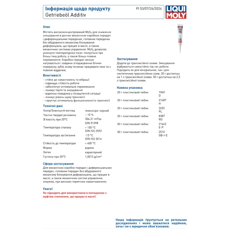 Присадка для трансмісійної оливи LIQUI MOLY MoS2 Getriebeoil-Additiv 1040 (20 мл)
