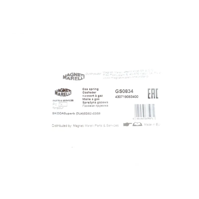Амортизатор капоту MAGNETI MARELLI 430719083400 для Skoda Superb 3U4 2001-2008, 721.5 мм